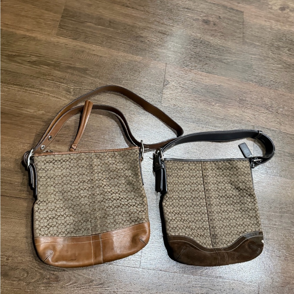 Coach Y2K Vintage Signature Logo Fabric & Suede Brown , leather bags